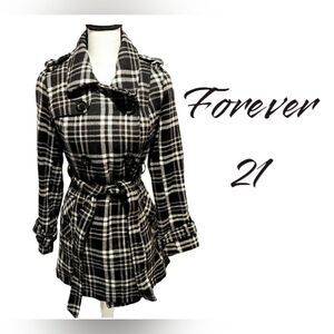 𝅺forever 21 Black and white plaid Trench style pea coat womens size small